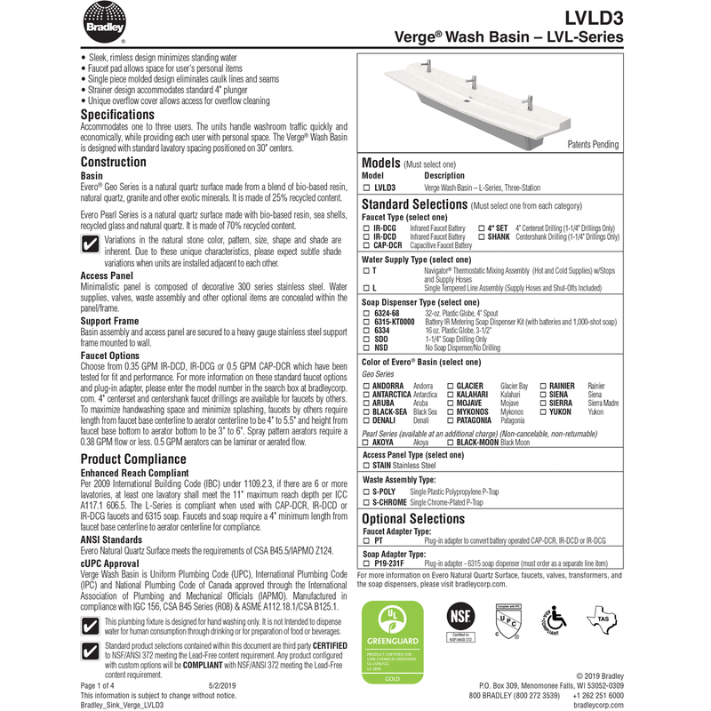 Bradley Verge Commercial Restroom Sink - L-Series, Three-Station, LVLD3