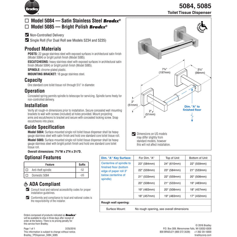 Bradley 5085-00 Commercial Toilet Paper Dispenser, Surface-Mounted, Stainless Steel w/ Bright-Polished Finish