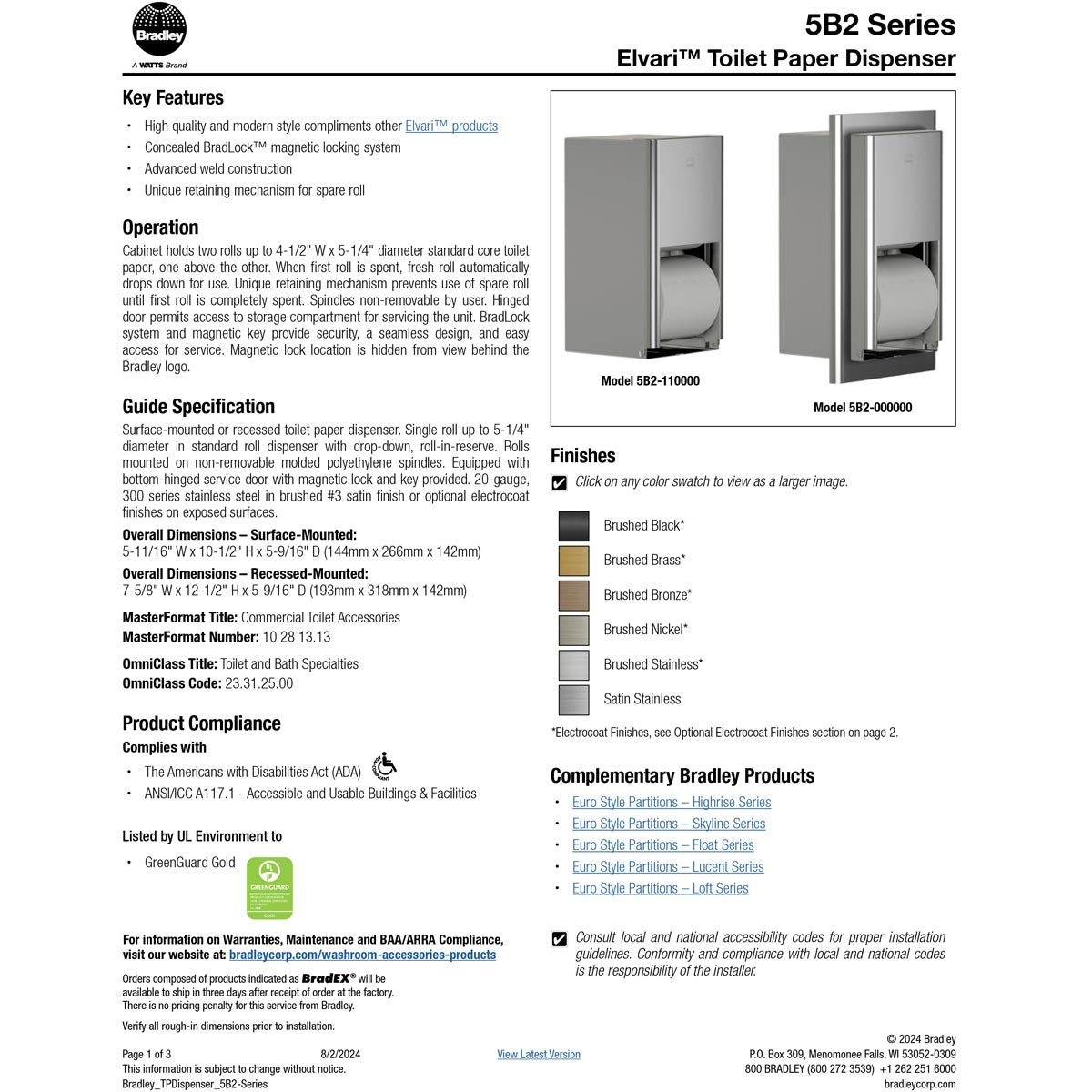 Bradley Elvari Series Toilet Tissue Dispenser - Surface Mounted, Medium Capacity - 5B2-110000-BR, Brushed Brass