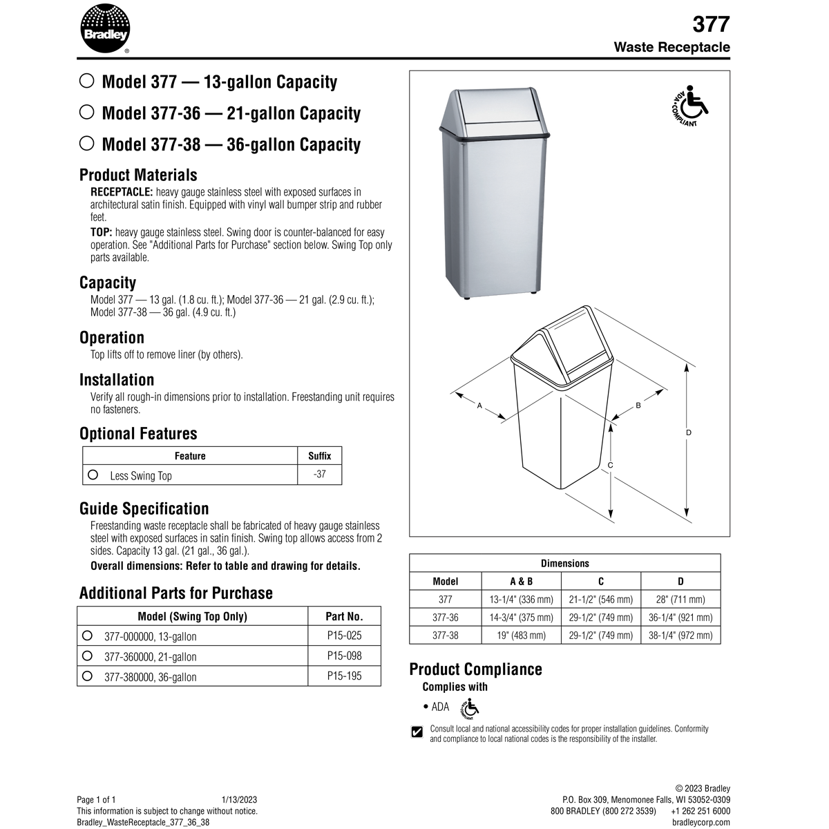 Bradley 377-00 Commercial Restroom Waste Receptacle, 13 Gallon, Free-Standing, 13