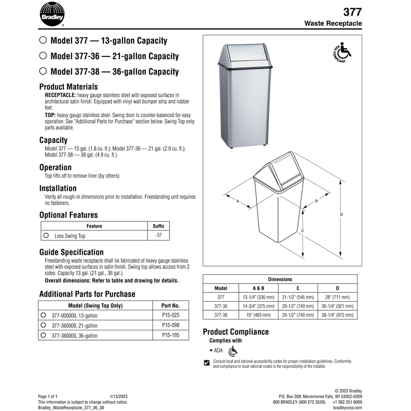 Bradley 377-00 Commercial Restroom Waste Receptacle, 12 Gallon, Recessed-Mounted, 13" W x 29" H, 13" D, Stainless Steel