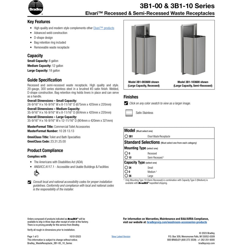 Bradley Elvari Series Waste Receptacles - Recessed, Large Capacity, 12 GAL - 3B1-003600