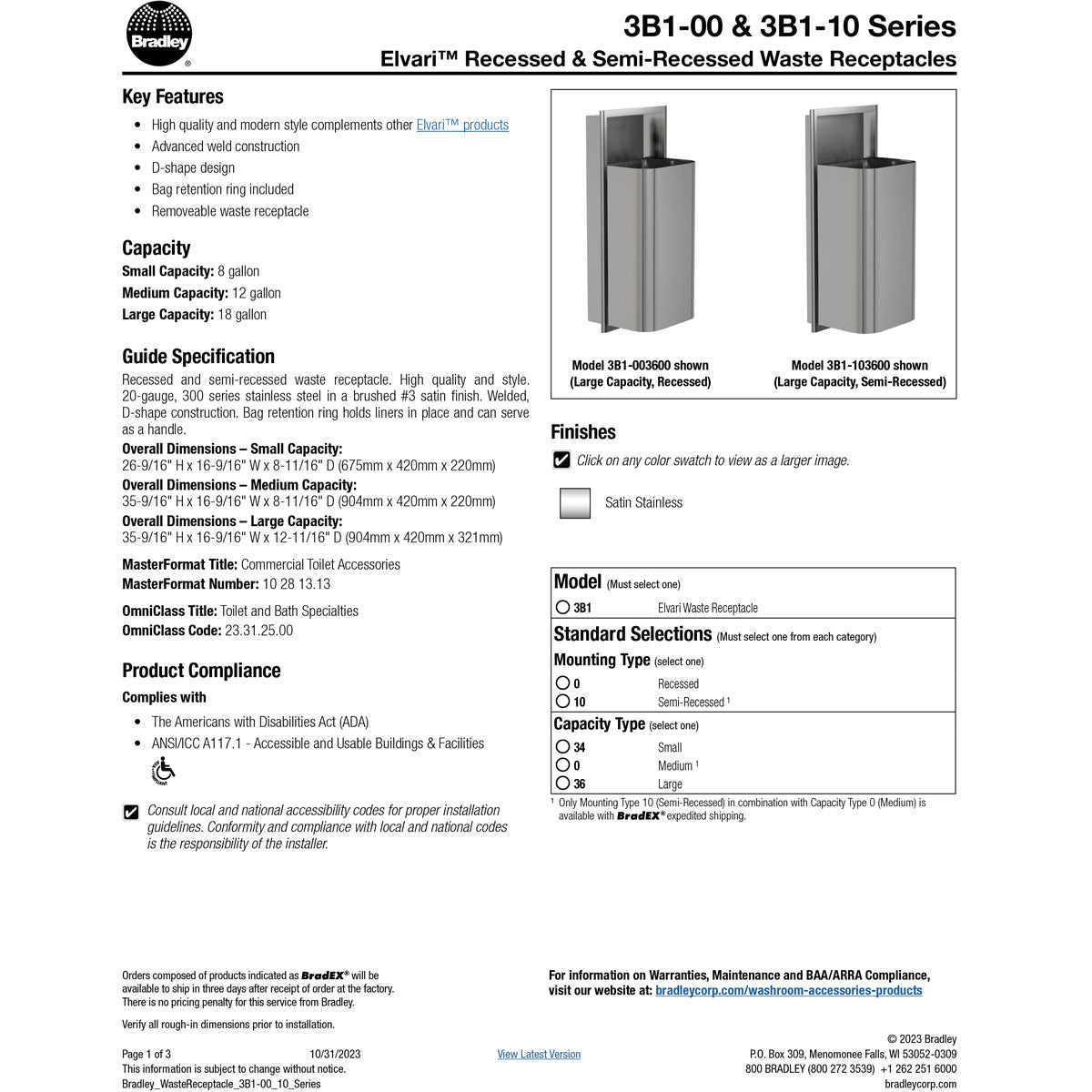 Bradley Elvari Series Waste Receptacles SemiRecessed, Medium