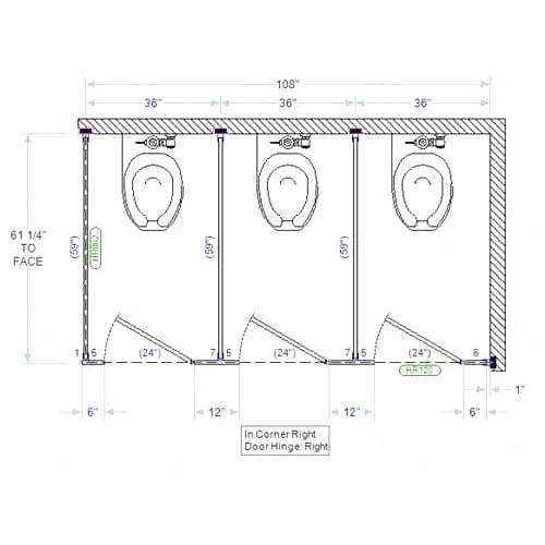 Bradley Toilet Partition (Phenolic) 3 In Corner (108" W x 61-1/4" D) IC33660-PBC