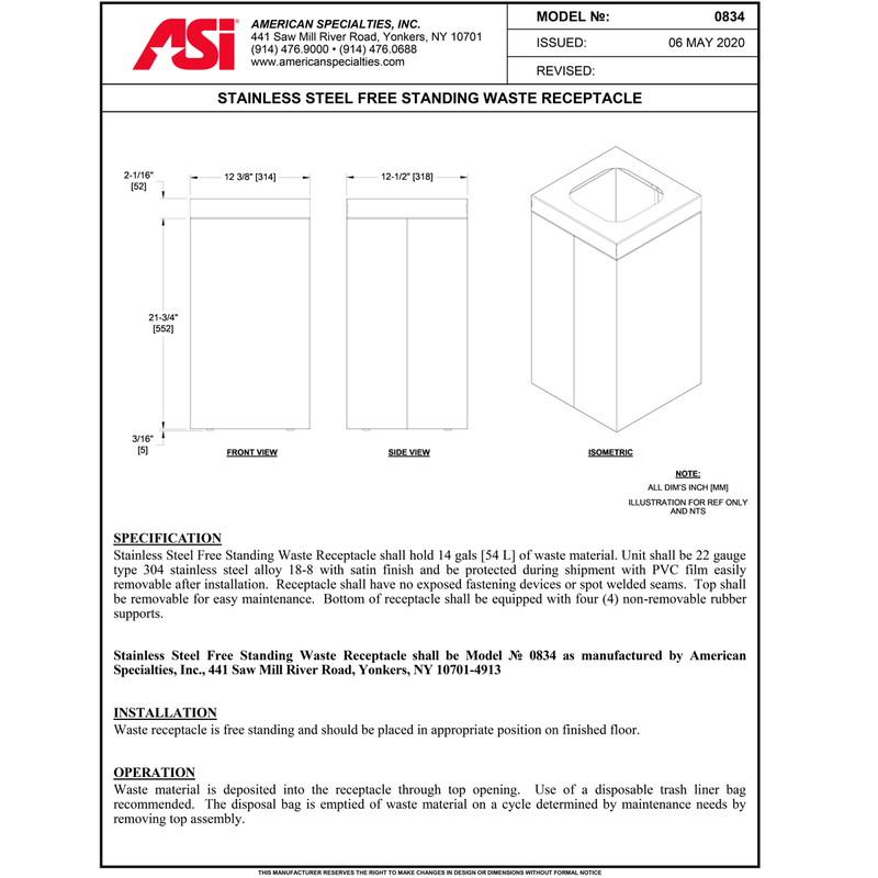 ASI 0834 Waste Receptacle (14 GAL.) – Free Standing