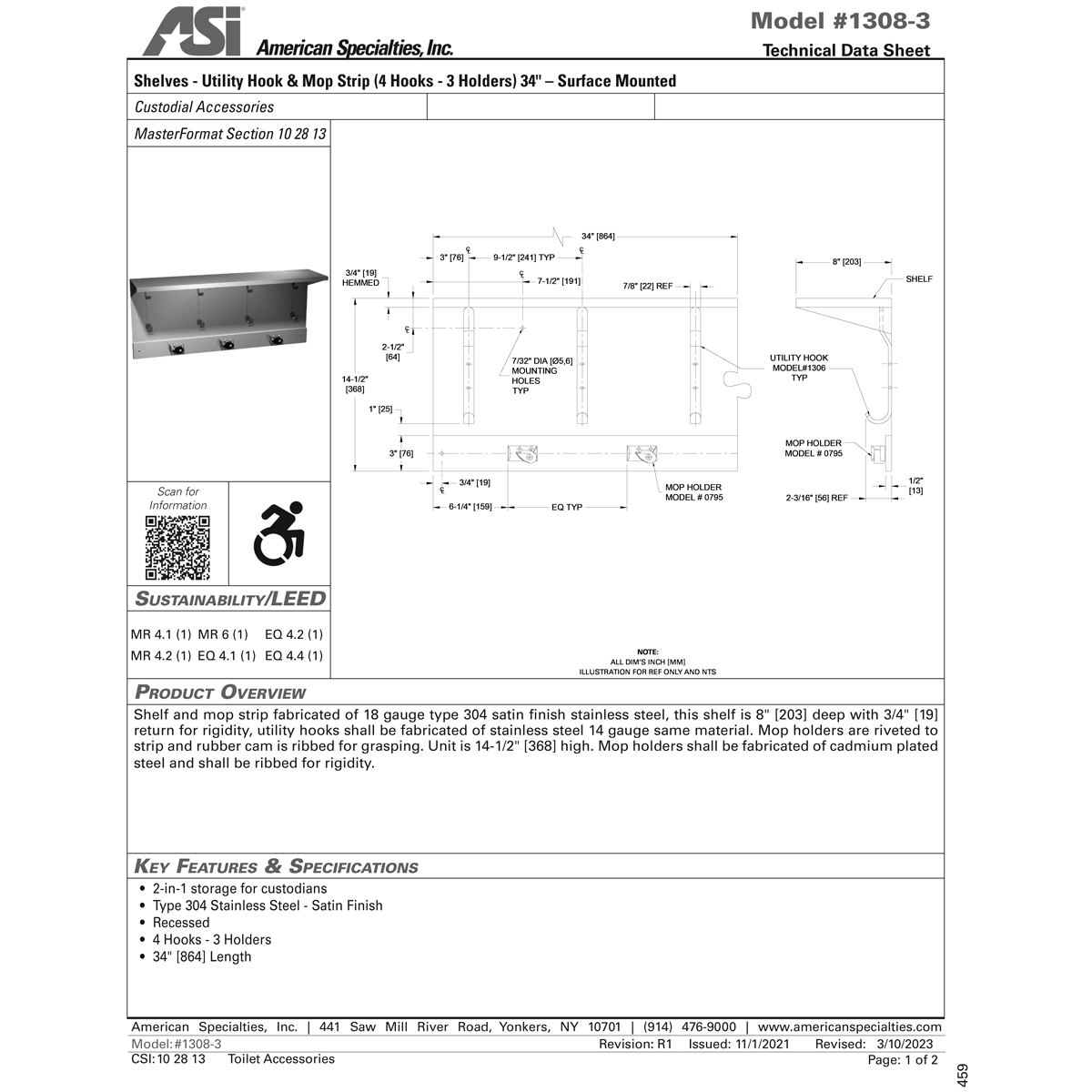 ASI 1308-3 Commercial Utility Hook & Mop Strip Shelf, 34