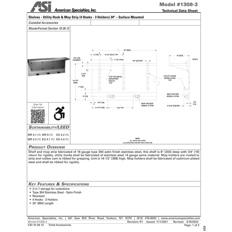 ASI 1308-3 Commercial Utility Hook & Mop Strip Shelf, 34" L x 14-1/2" H, Stainless Steel