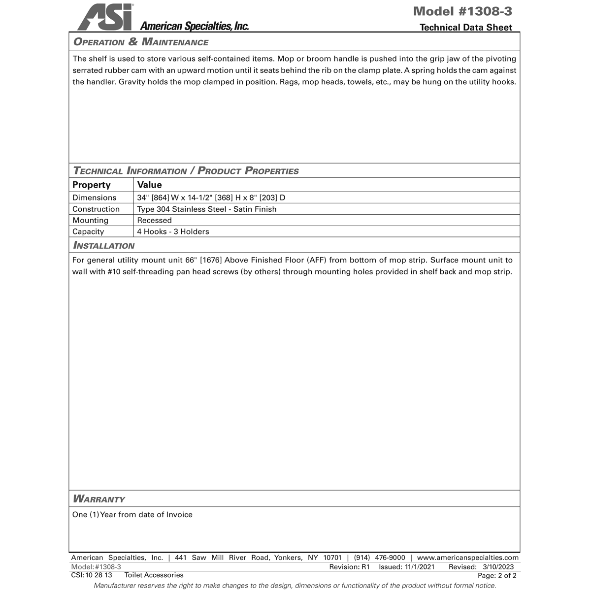 ASI 1308-3 Commercial Utility Hook & Mop Strip Shelf, 34