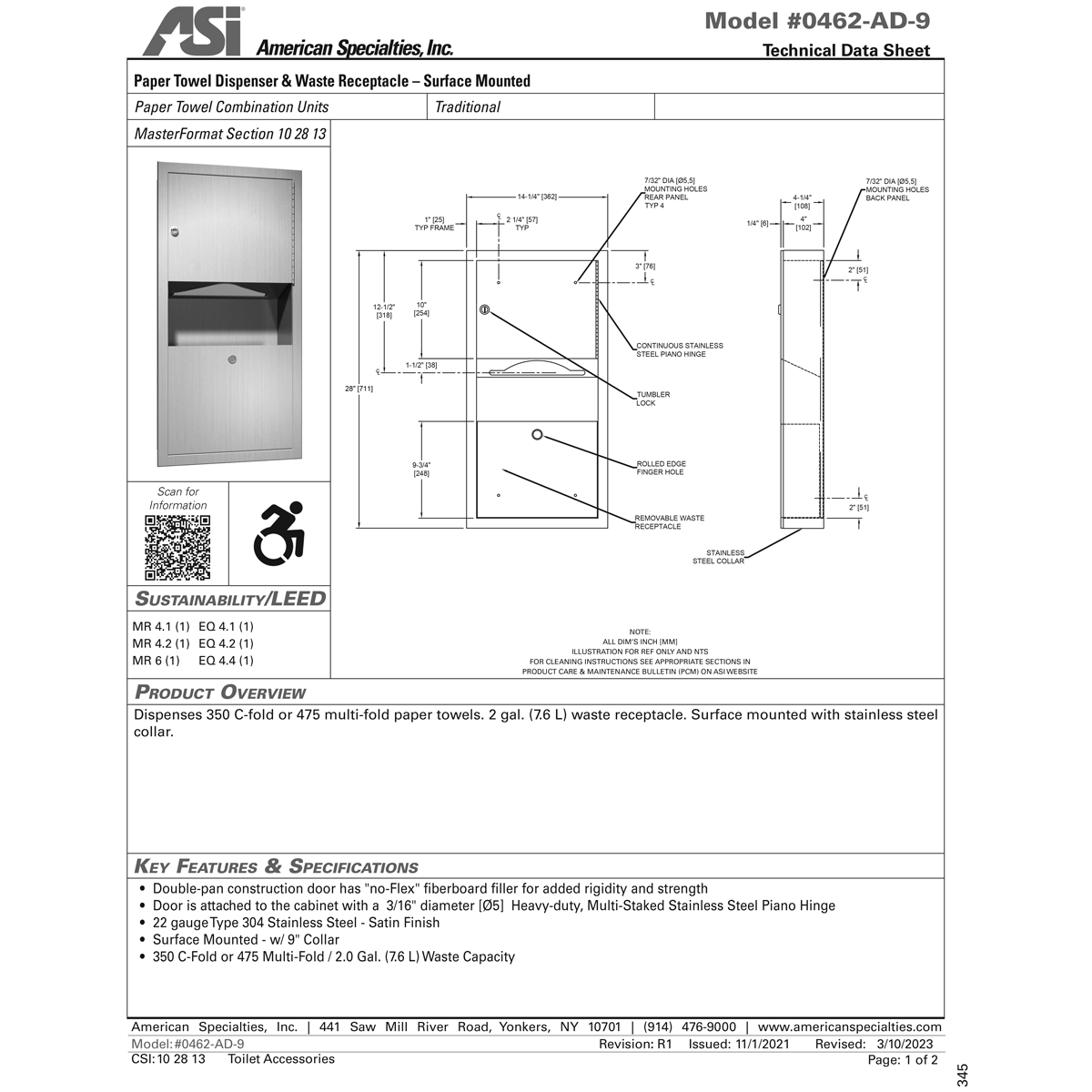 ASI 0462-AD-9 Combination Commercial Paper Towel Dispenser/Waste Receptacle, Surface-Mounted, Stainless Steel