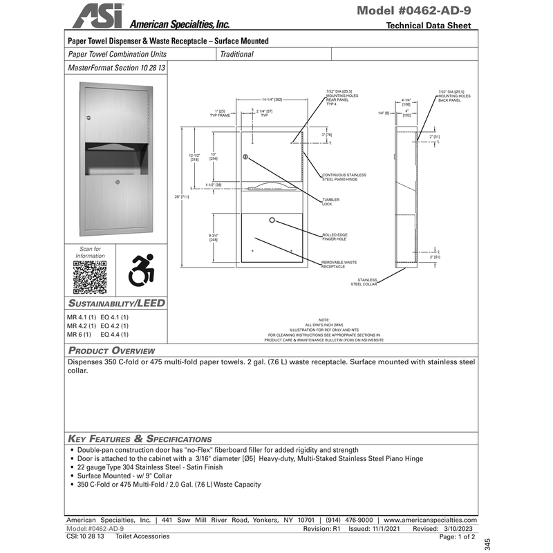 ASI 0462-AD-9 Combination Commercial Paper Towel Dispenser/Waste Receptacle, Surface-Mounted, Stainless Steel