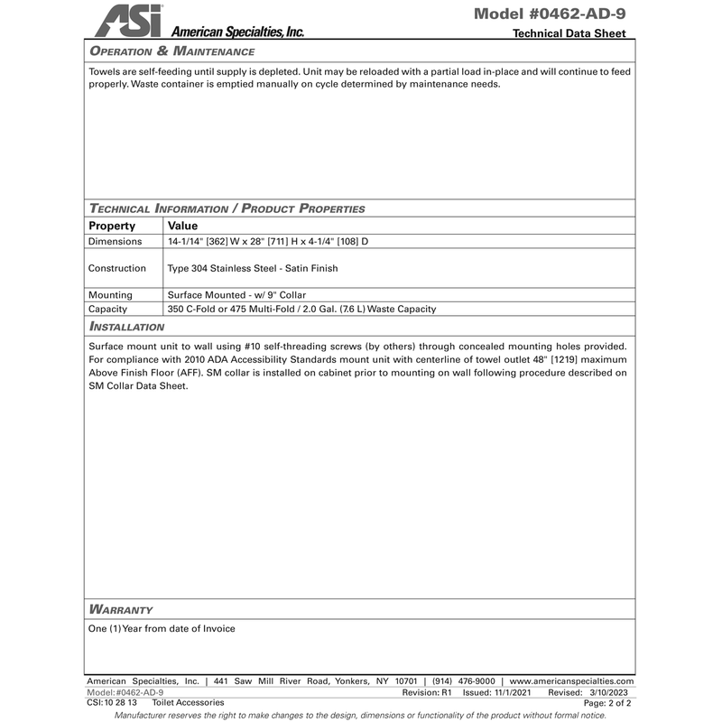 ASI 0462-AD-9 Combination Commercial Paper Towel Dispenser/Waste Receptacle, Surface-Mounted, Stainless Steel