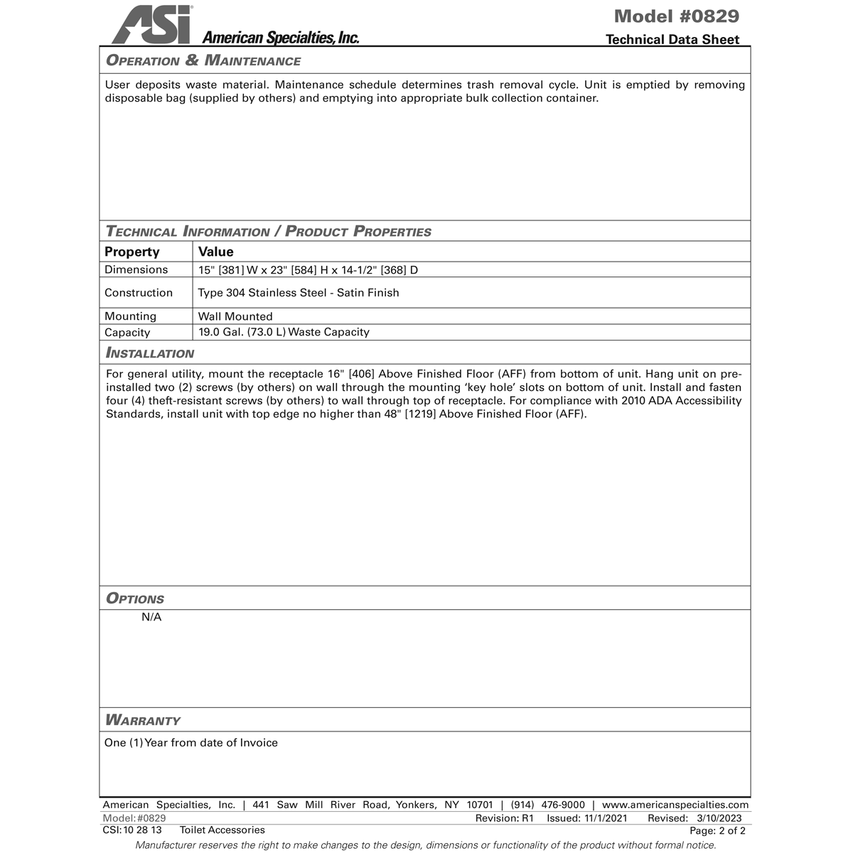 ASI 0829 Commercial Restroom Corner-Type Waste Receptacle, 13 Gallon, Surface-Mounted, 15-1/4