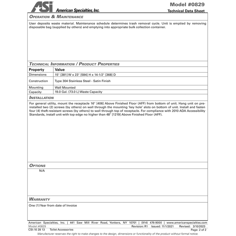 ASI 0829 Commercial Restroom Corner-Type Waste Receptacle, 13 Gallon, Surface-Mounted, 15-1/4" W x 23" H, 2-1/2" D, Stainless Steel