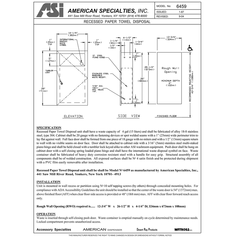ASI 6459 Commercial Restroom Waste Receptacle, 12 Gallon, Recessed-Mounted, 12-3/4" W x 26-1/2" H, 4-1/4" D, Stainless Steel