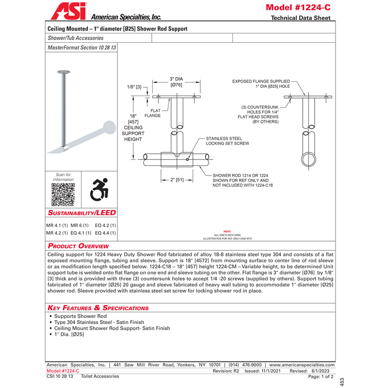 ASI 1224-C18 Heavy-Duty Shower Curtain Rod, 1" Diameter x 18" Length, Stainless Steel