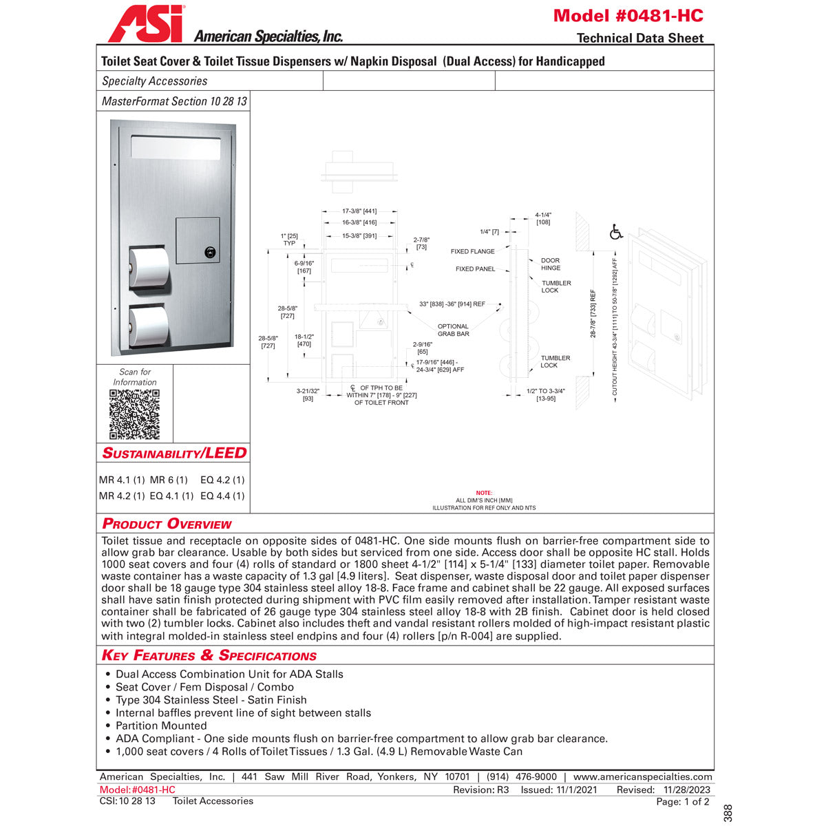 ASI 0481-HC Combination Commercial Seat Cover/Toilet Paper Dispensers/Sanitary Napkin Disposal, Partition-Mounted, Stainless Steel