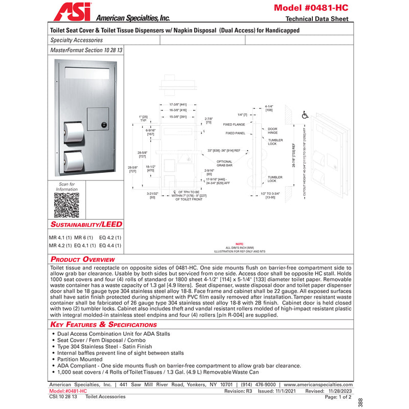 ASI 0481-HC Combination Commercial Seat Cover/Toilet Paper Dispensers/Sanitary Napkin Disposal, Partition-Mounted, Stainless Steel