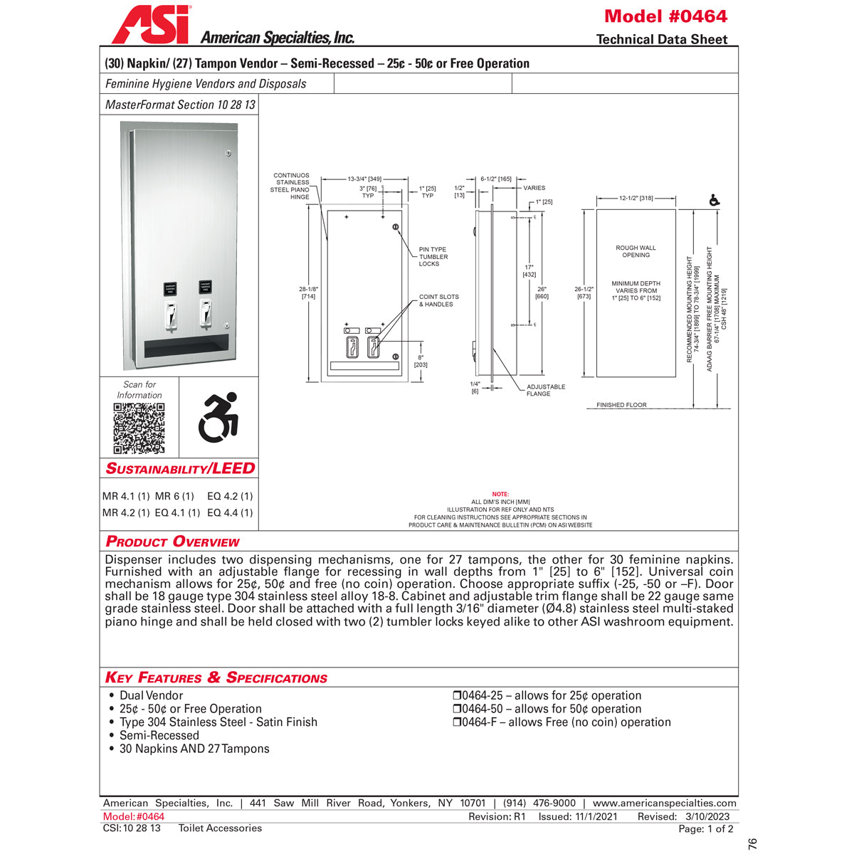ASI 0464-50 Commercial Restroom Sanitary Napkin/ Tampon Dispenser, 50 Cents, Recessed-Mounted, Stainless Steel