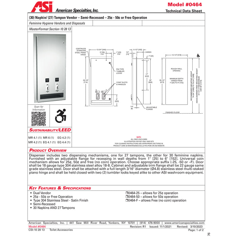 ASI 0464-50 Commercial Restroom Sanitary Napkin/ Tampon Dispenser, 50 Cents, Recessed-Mounted, Stainless Steel