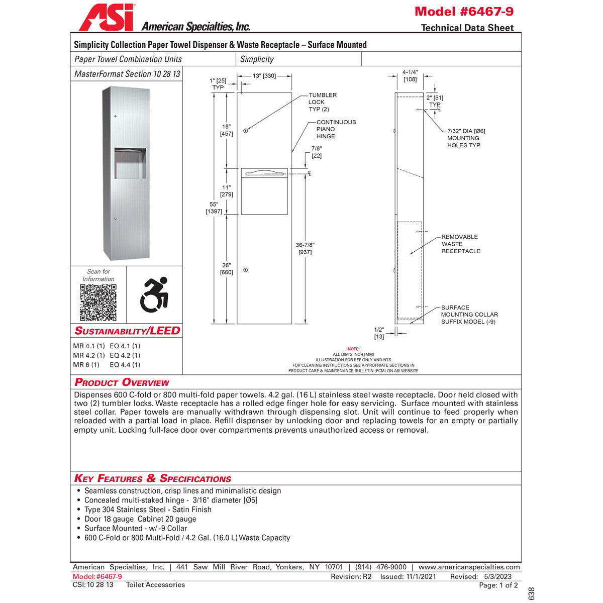ASI 6467-9 Combination Commercial Paper Towel Dispenser/Waste Receptacle, Surface-Mounted, Stainless Steel