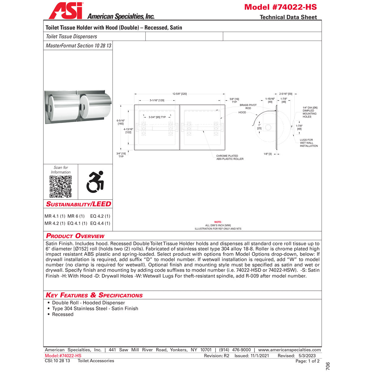 ASI 74022-HS-W Commercial Toilet Paper Dispenser w/ Hood, Recessed-Mounted, Stainless Steel w/ Satin Finish