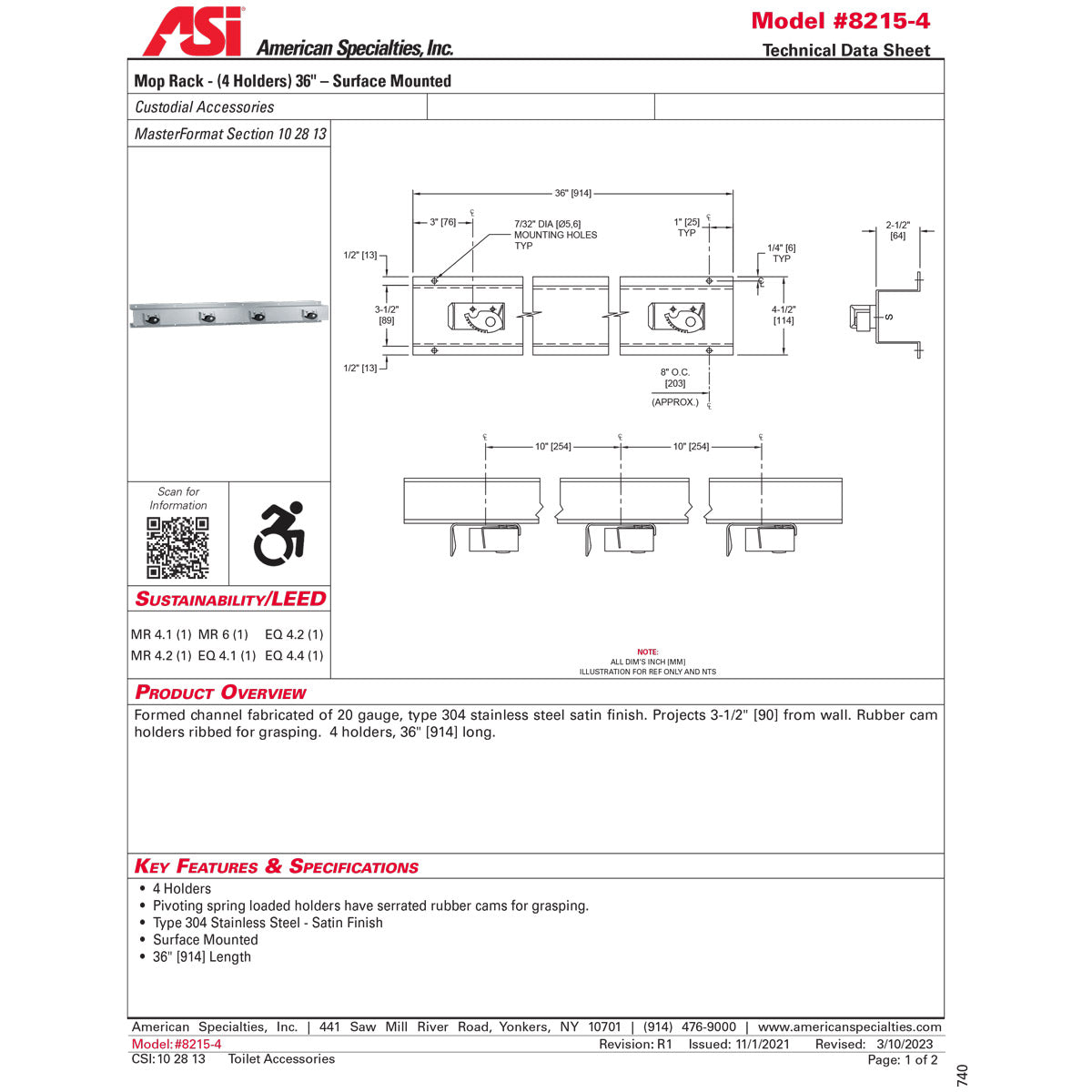 ASI 8215-4 Commercial Mop And Broom Rack, Stainless Steel
