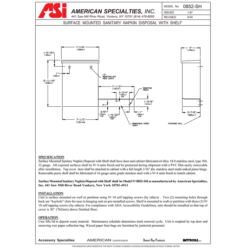 ASI 0852-SH Commercial Restroom Sanitary Napkin Disposal w/ Shelf, Surface-Mounted, 7-7/8" W x 9-11/16" H x 4" D Stainless Steel