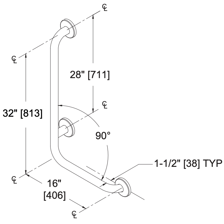 ASI 3804-RP  (32 x 16 x 1.5)  Commercial Right Hand Grab Bar, 1-1/2" Diameter x 32" Length, Stainless Steel (Peened)