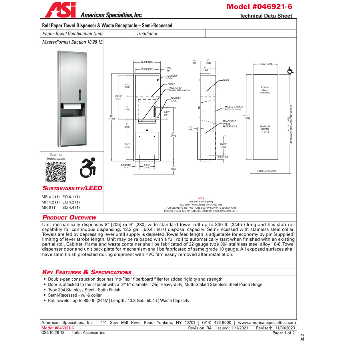 ASI 046921-6 Combination Commercial Paper Towel Dispenser/Waste Receptacle, Semi-Recessed-Mounted, Stainless Steel