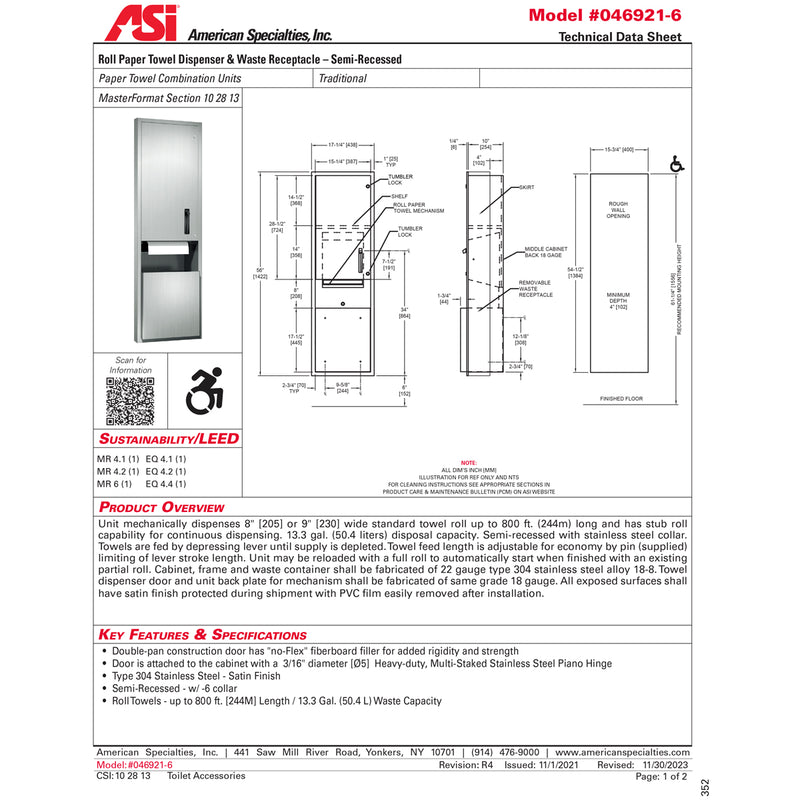 ASI 046921-6 Combination Commercial Paper Towel Dispenser/Waste Receptacle, Semi-Recessed-Mounted, Stainless Steel