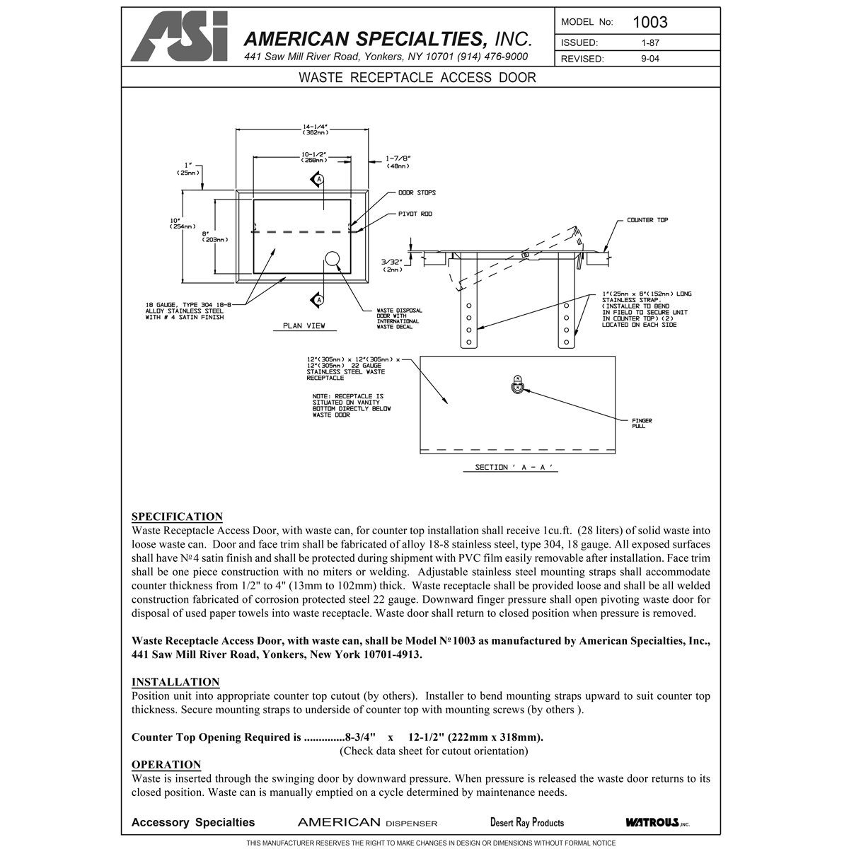 ASI 1003 Commercial Restroom Waste Receptacle, 2 Gallon, Counter Mounted, 8-3/4