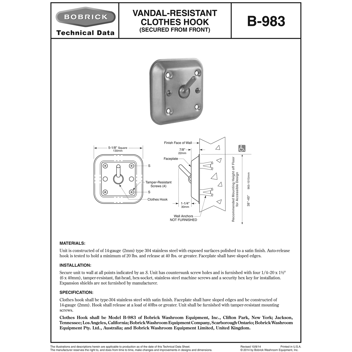 Bobrick B-983 Commercial Vandal-Resistant Clothes Hook, Stainless Steel w/ Satin Finish