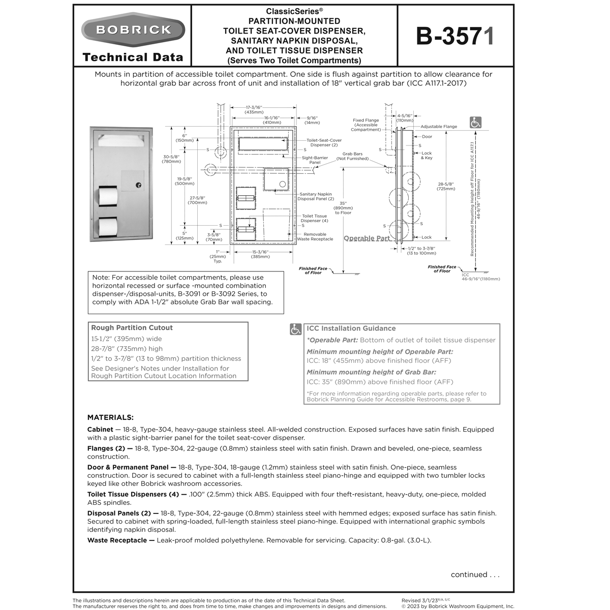 Bobrick B-3571 Combination Commercial Seat-Cover Dispenser/Toilet Paper Dispenser/Waste Receptacle, Partition-Mounted, Stainless Steel