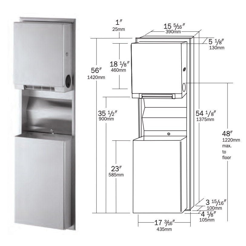Bobrick B-3961 Combination Commercial Paper Towel Dispenser/Waste Receptacle, Recessed-Mounted, Stainless Steel