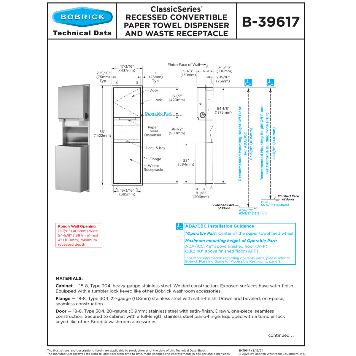 Bobrick B-39617 Combination Commercial Paper Towel Dispenser/Waste Receptacle, Recessed-Mounted, Stainless Steel