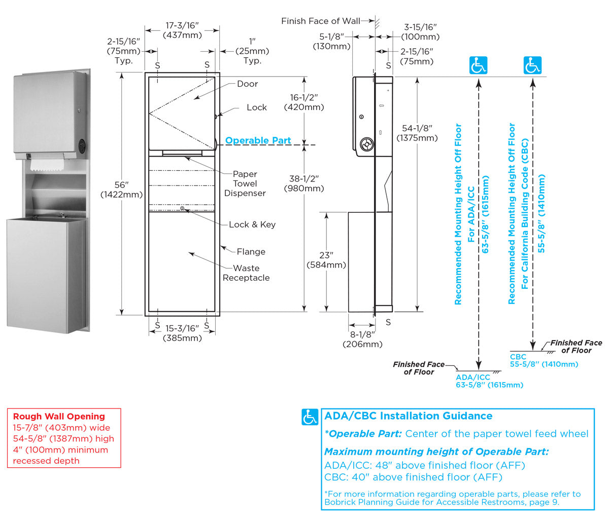 Bobrick B-39617 Combination Commercial Paper Towel Dispenser/Waste Receptacle, Recessed-Mounted, Stainless Steel
