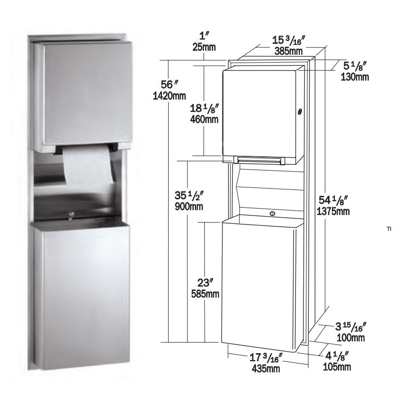Bobrick B-3974 Automatic Combination Commercial Paper Towel Dispenser/Waste Receptacle, Recessed-Mounted, Stainless Steel