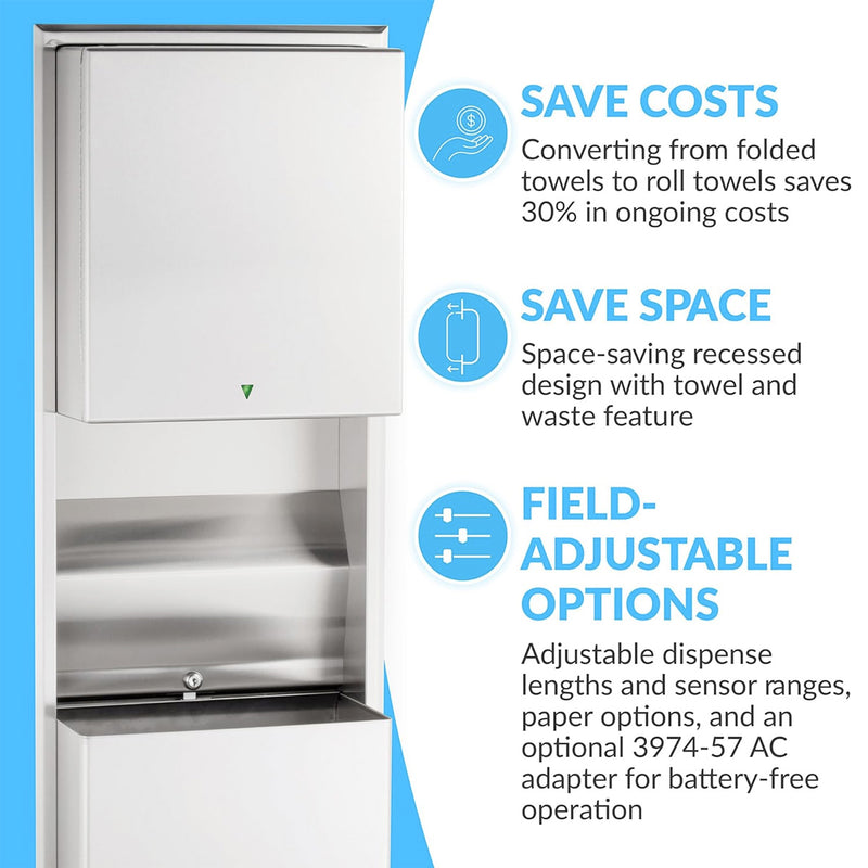 Bobrick B-3974 Automatic Combination Commercial Paper Towel Dispenser/Waste Receptacle, Recessed-Mounted, Stainless Steel