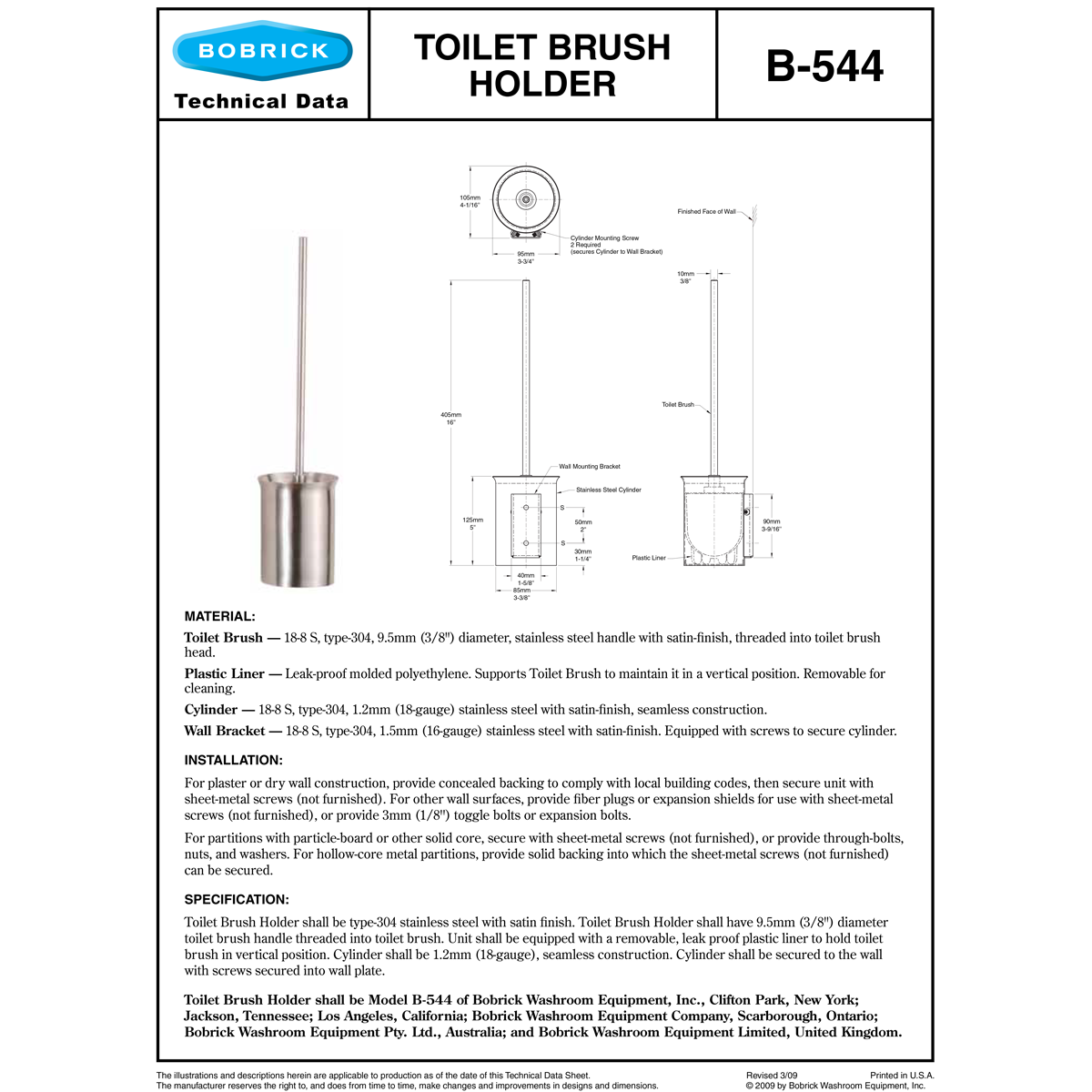 Bobrick B-544 Commercial Restroom Toilet Brush Holder, Stainless Steel