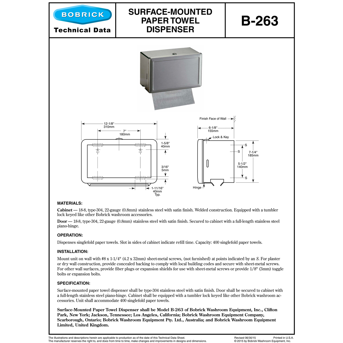 Bobrick B-263 Commercial Paper Towel Dispenser, Surface-Mounted, Stainless Steel