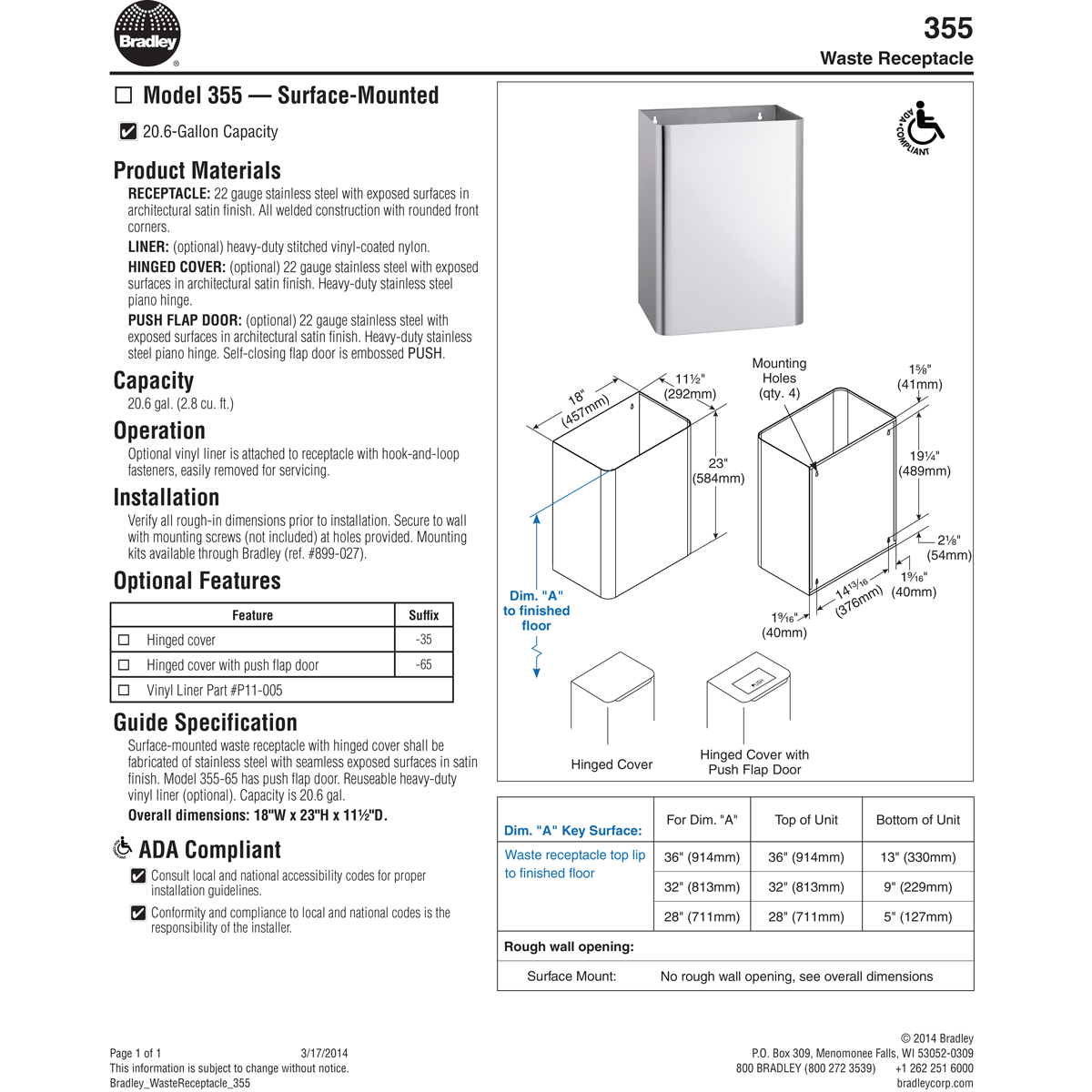 Bradley 355-00 Commercial Restroom Waste Receptacle, 20.6 Gallon, Surface-Mounted, 18