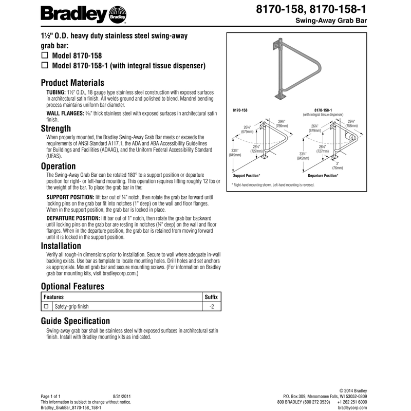 Bradley 8170-001180 (18 x 1.5) Commercial Grab Bar, 1-1/2" Diameter x 18" Length, Stainless Steel