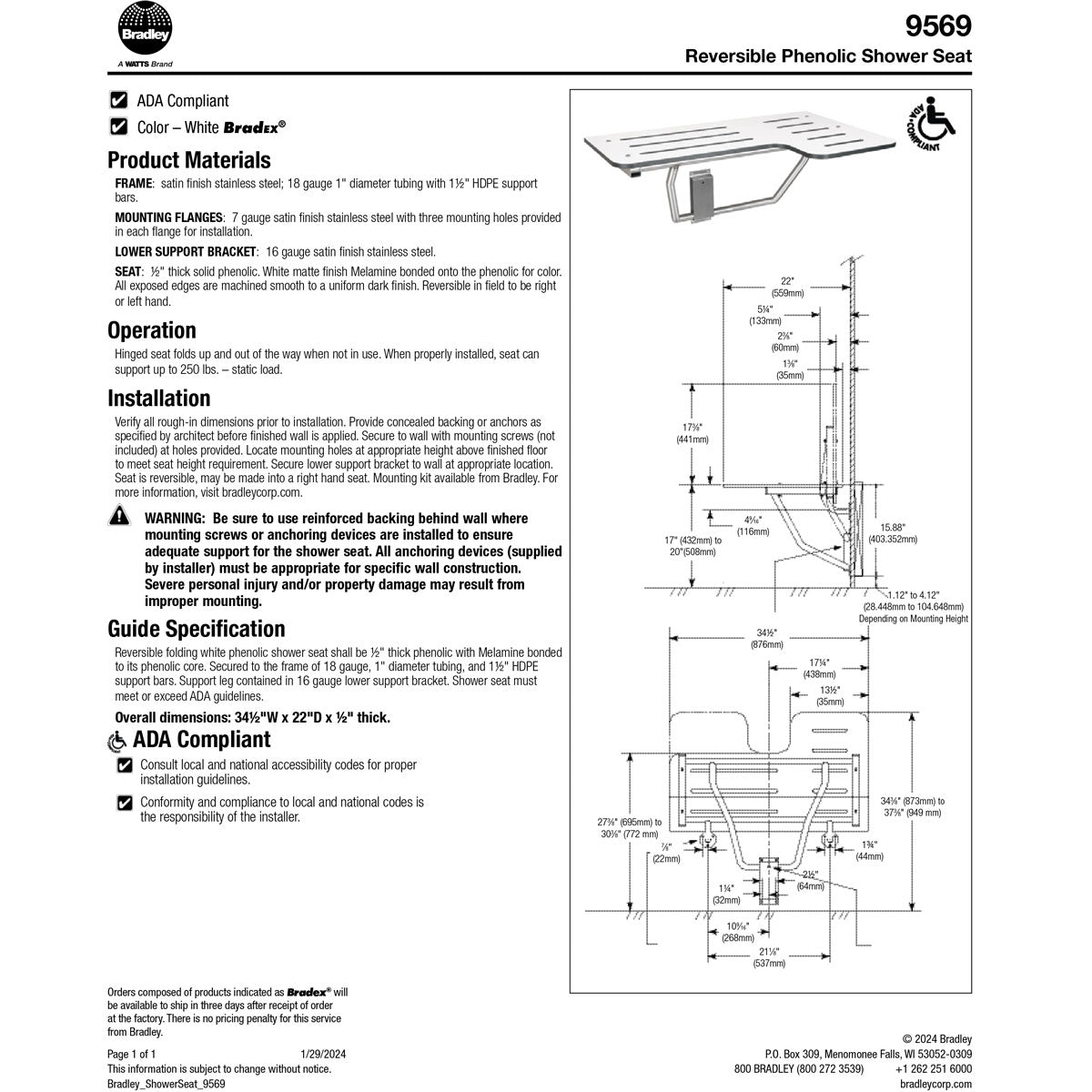 Bradley 9569-00, Shower Seat, 400 lb Load Capacity, Stainless Steel