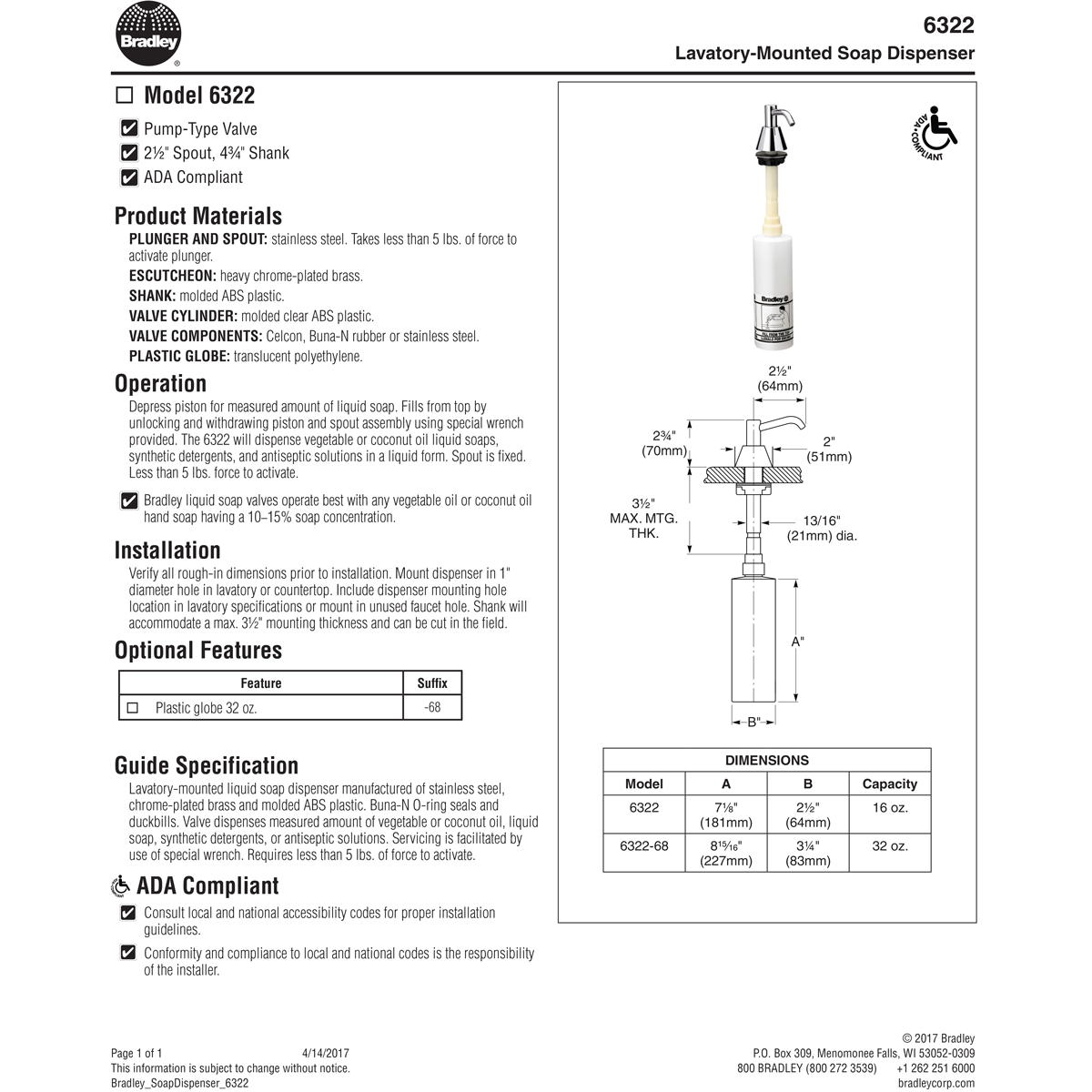 Bradley 6322-00 Commercial Liquid Soap Dispenser, Countertop Mounted, Manual-Push, Stainless Steel - 2.5" Spout, 16 oz