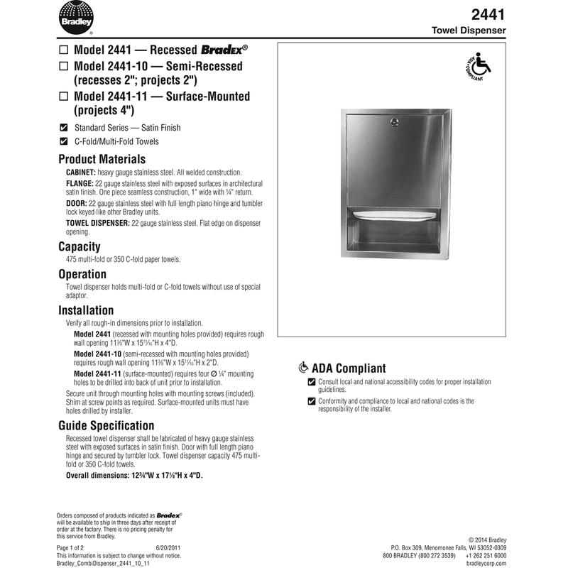 Bradley 2441-00 Commercial BX-Paper Towel Dispenser, Recessed-Mounted, Stainless Steel