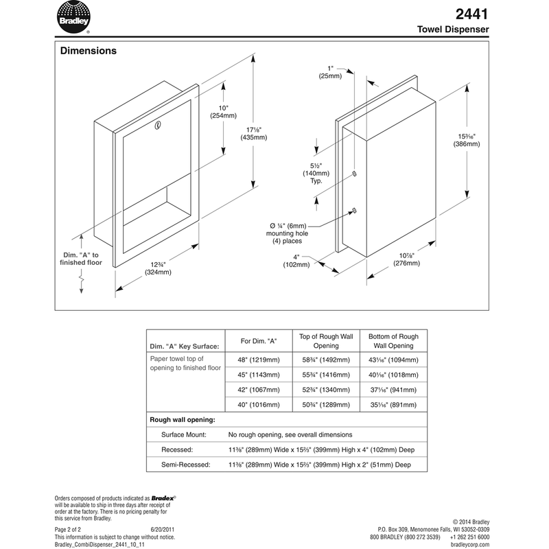 Bradley 2441-00 Commercial BX-Paper Towel Dispenser, Recessed-Mounted, Stainless Steel