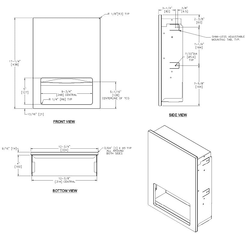 ASI 6457-41 Piatto Recessed Paper Towel Dispenser, Black Phenolic Door