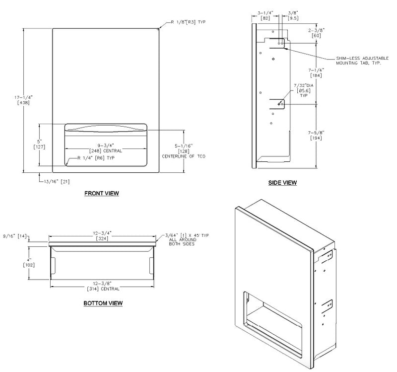ASI 6457-41 Piatto Recessed Paper Towel Dispenser, Black Phenolic Door