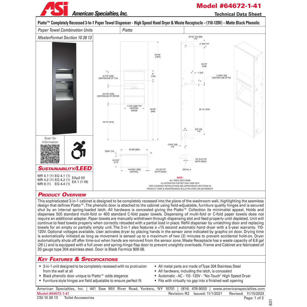 ASI 64672-1-41 Piatto Recessed 3-In-1 Paper Towel Dispenser, Hand Dryer and Waste Receptacle, 110-120V, Black Phenolic Door