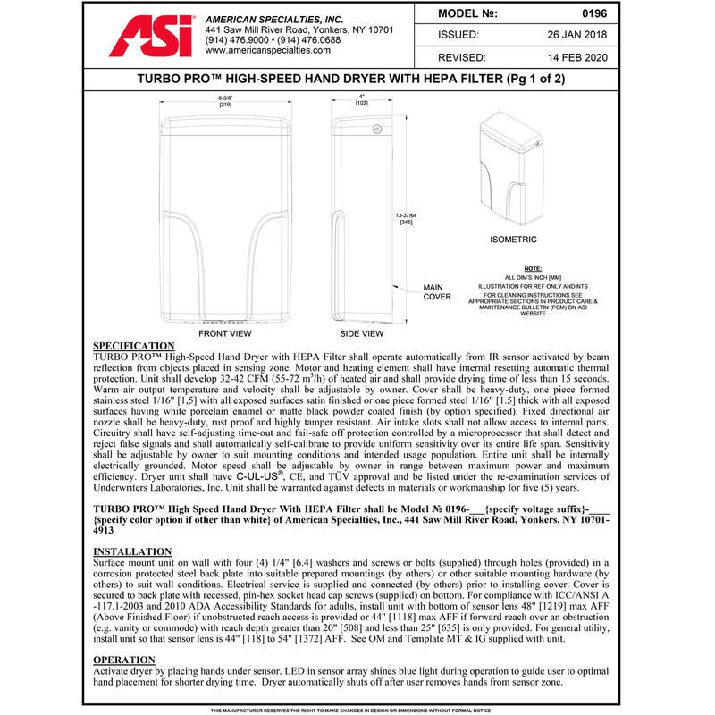 ASI 0196-1-93 Automatic Hand Dryer, 110-120 Volt, Surface-Mounted, Steel